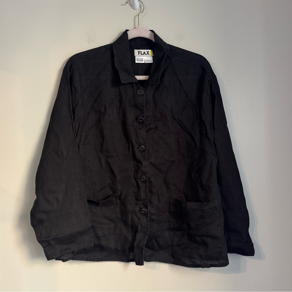 FLAX Black Linen Chore Jacket, M - Picture 5 of 5